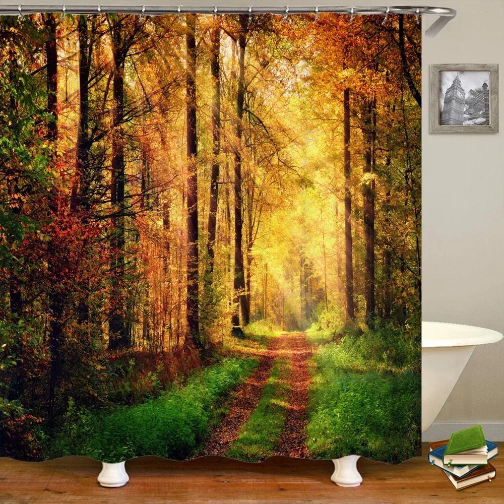 Natur Waldlandschaft Duschvorhänge Badezimmervorhang Stoff Wasserdicht Polyester Landschaft Badevorhang mit Haken