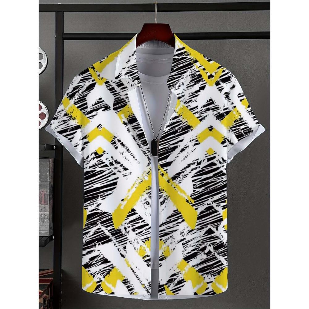 Men's shirt with novel striped patchwork pattern button up shirt, fashionable and casual new unisex shirt, vacation collar short sleeved shirt