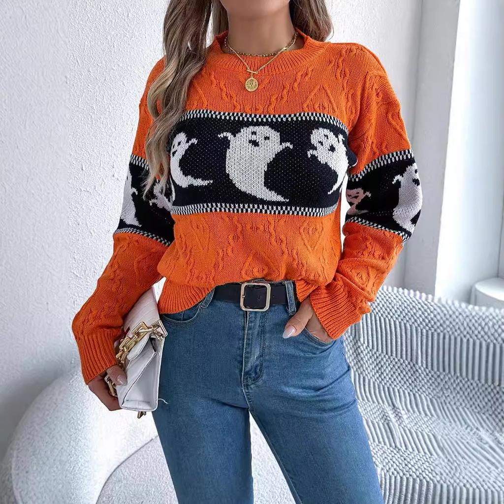 QICED  Autumn and Winter Halloween-themed Ghost-contrasting Color Long-sleeved Pullover Sweater Women's Wear