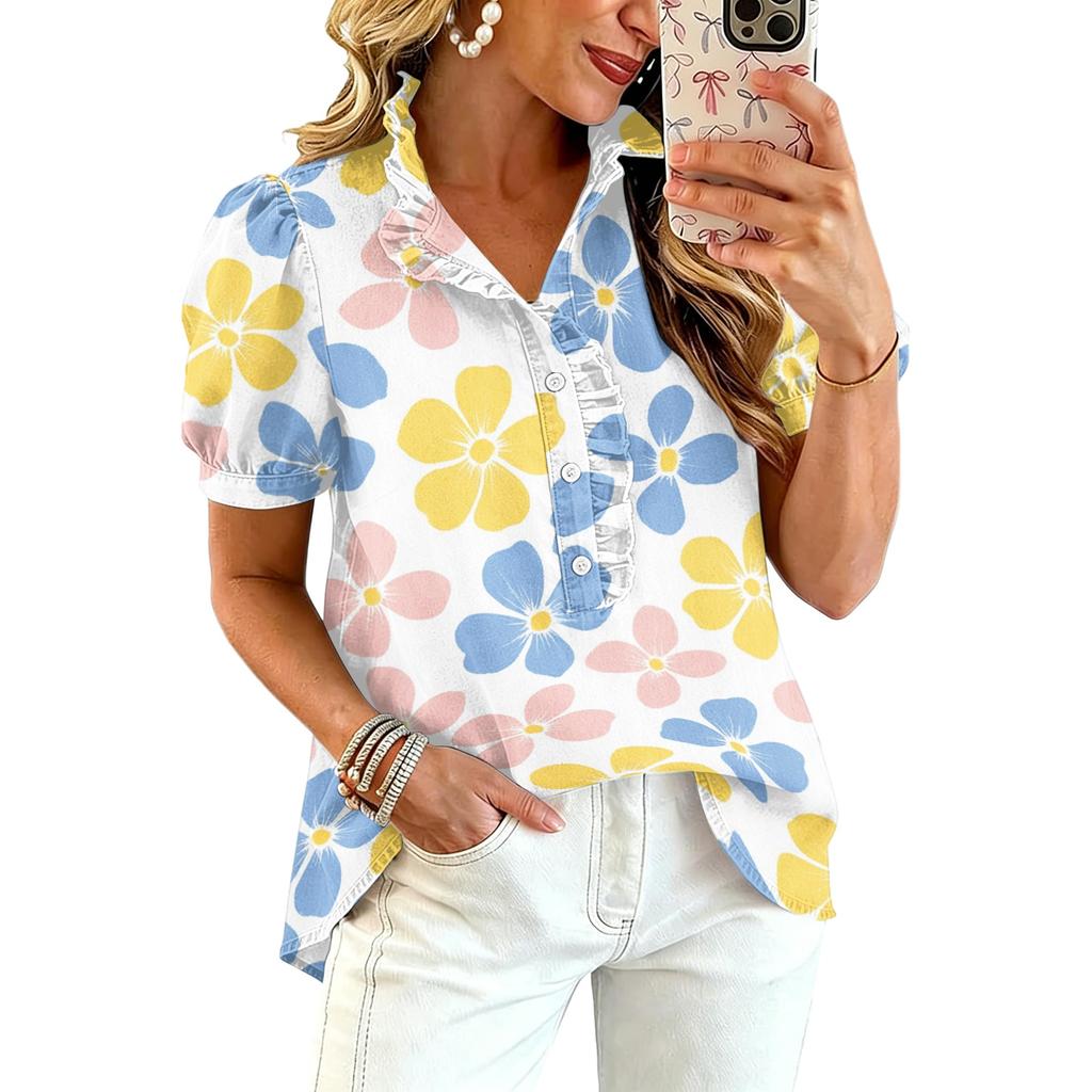 Women Ruffle V Neck Floral Print Short Sleeve Blouse Casual Loose Fit Button Down Top for Daily Office Wear