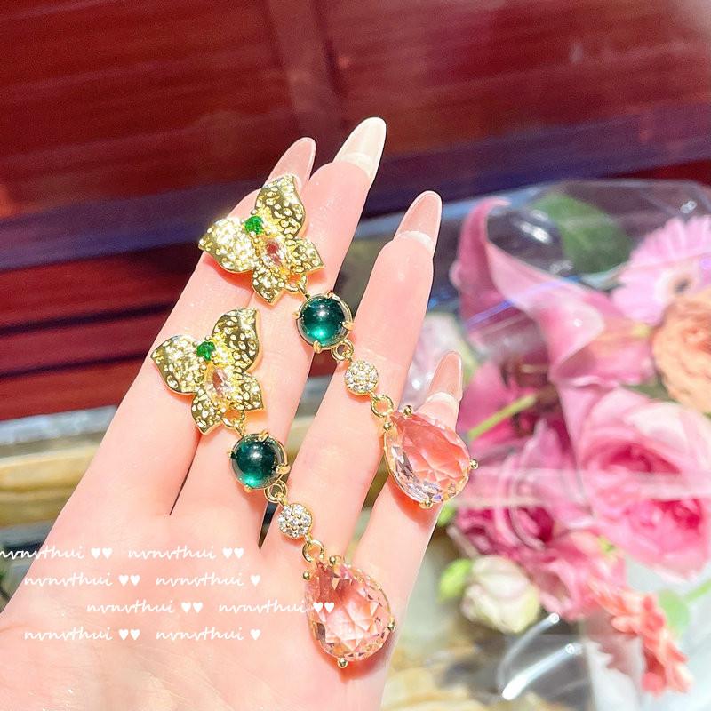 

Bright Princess Pink Water Drop Gem Necklace, 18K Gold Plated Multi-Cut Zircon Chandelier Fringed Neck Chain Earrings Set