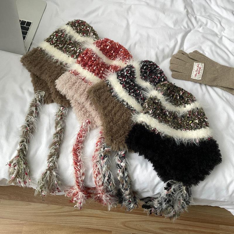 Striped splicing knitted ear protector children autumn and winter thickened warm wool cap pullover cap plush Lei Feng hat tide