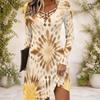 Women Criss Cross V Neck Long Sleeve Fitted Printed Dress Blue Green Curved Hem