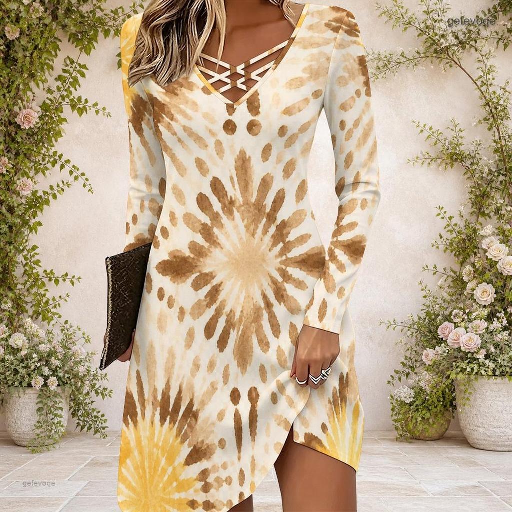 Women Criss Cross V Neck Long Sleeve Fitted Printed Dress Blue Green Curved Hem