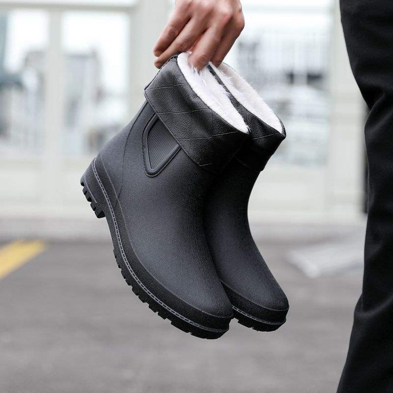 New Fashion Men's Rain Shoes Medium Tube Rain Boots Non-slip Water Shoes Short Tube Fleece Rubber Shoes Kitchen Car Wash Fishing Work Shoes