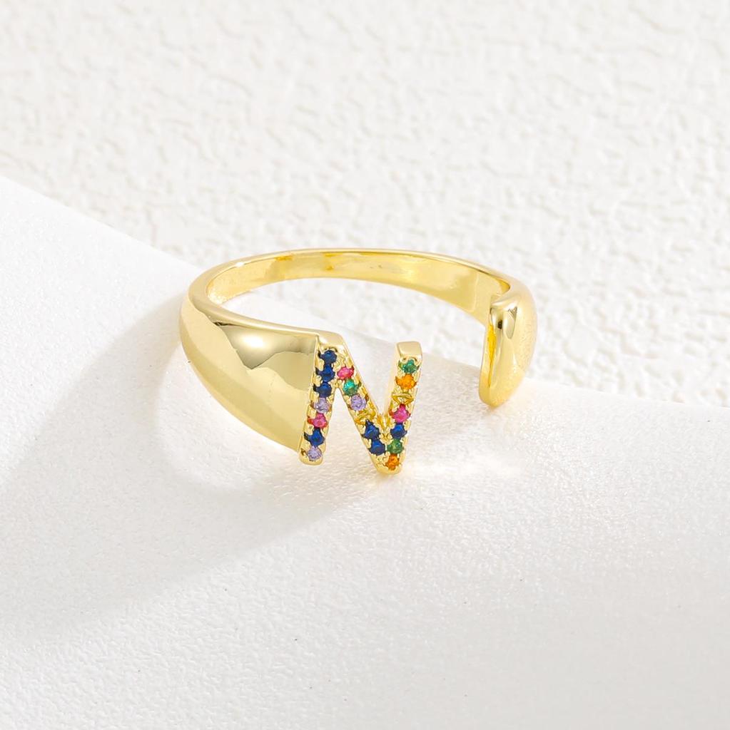 Fashionable Colorful Zircon Alphabet Adjustable Retro Ring