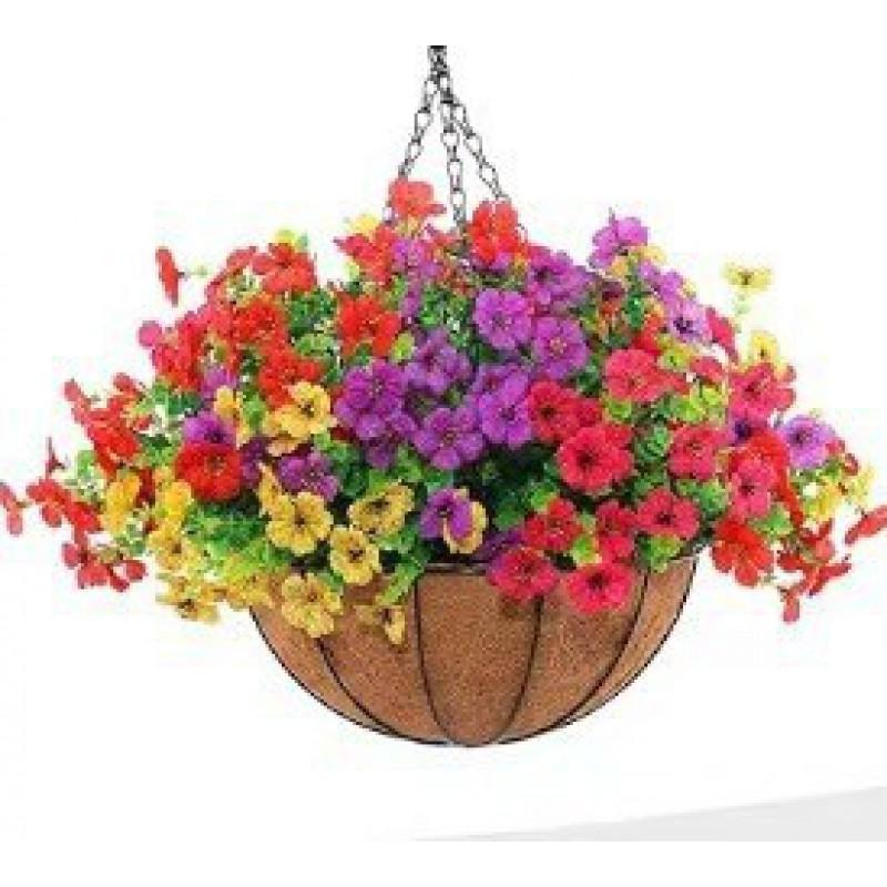 Artificial Violet Flower Hanging Basket With Iron Frame Coconut Fiber Liner Outdoor Garden Decor