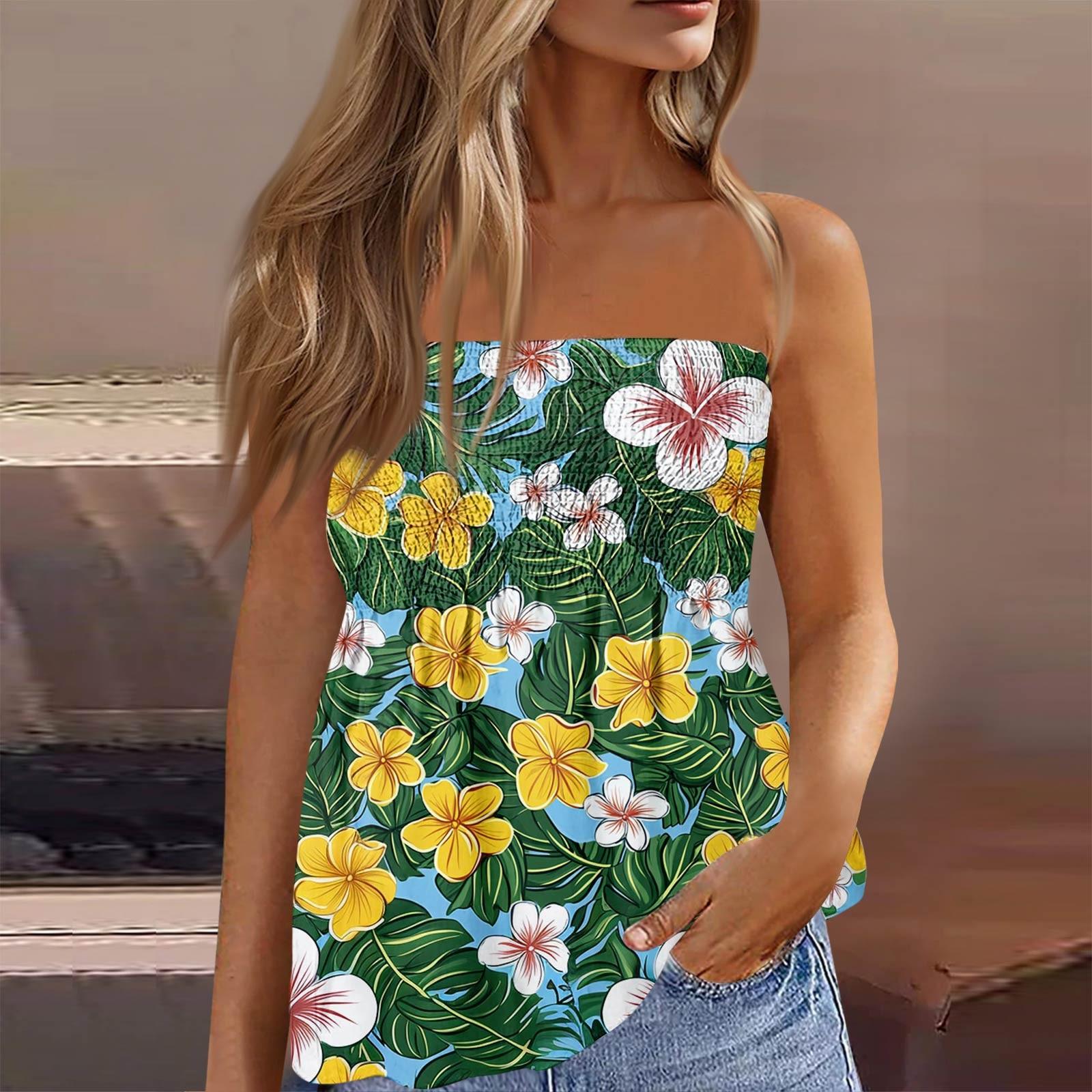 

Летние топы-трубы для женщин, милая сексуальная футболка без рукавов с открытыми плечами и цветочным принтом M жёлтый