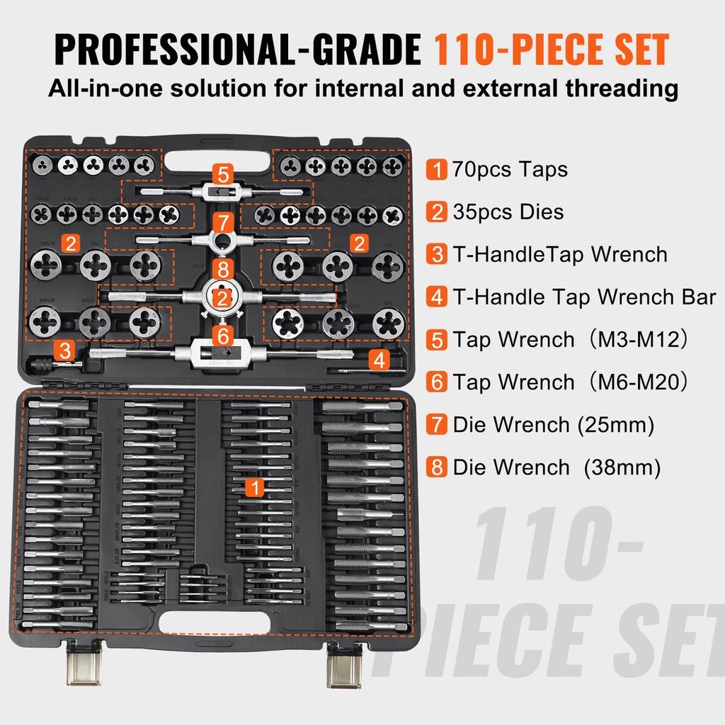 Tap and Die Set, 110-Piece Include Metric Size M2 To M18, Bearing Steel Taps and Dies, Essential Threading Tool for Cutting External Internal Threads,