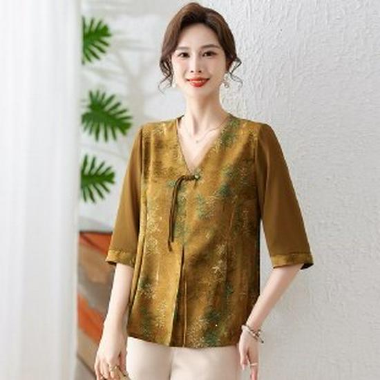 2026 Stylish Seven-Point Sleeve Summer Shirt for Middle-Aged Women XL жёлтый