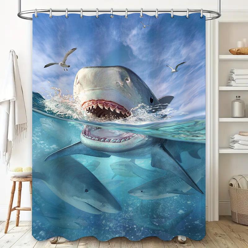 Blue Ocean Shower Curtain With Giant Shark Print Perfect For Sea-Themed Bathrooms!