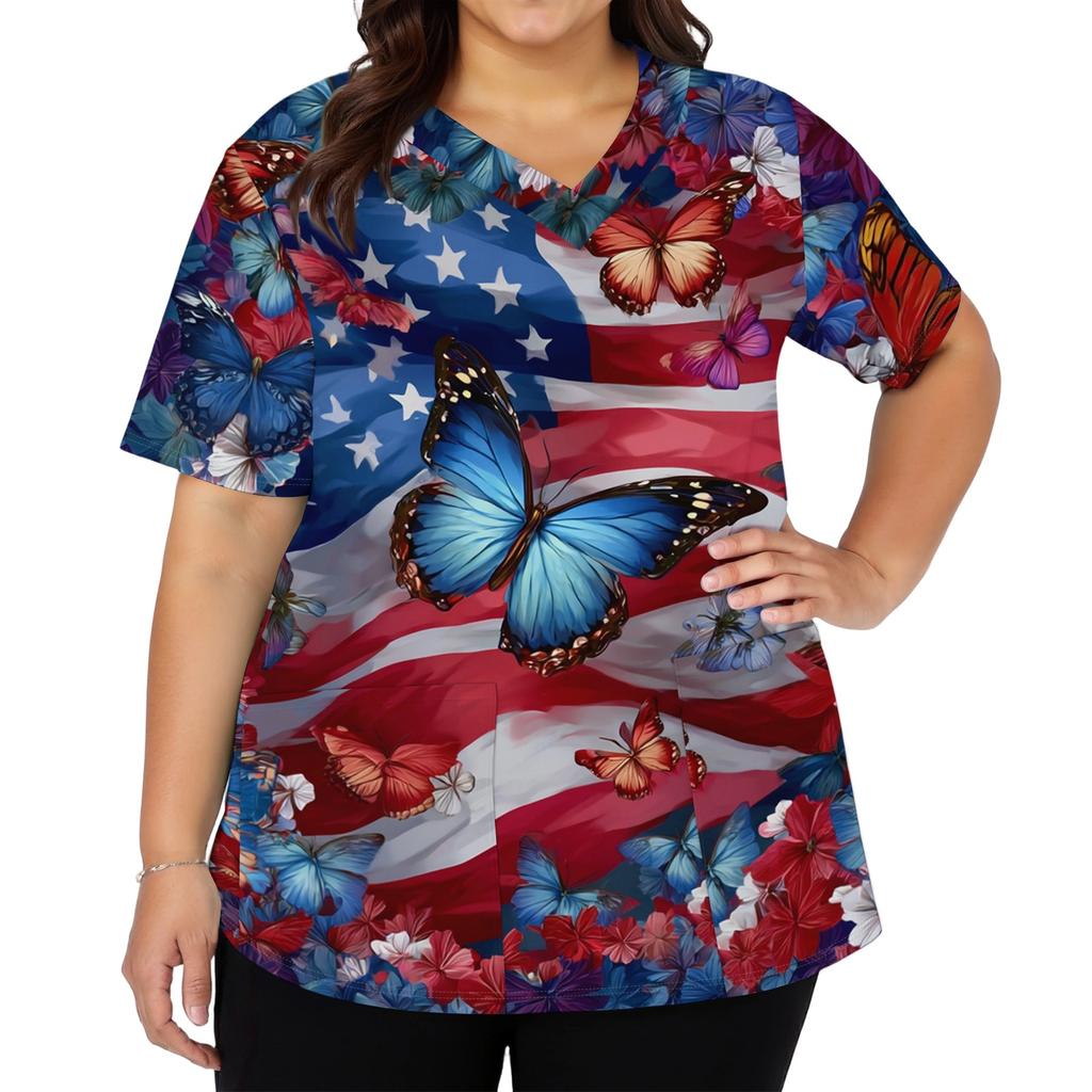 Women's Fashionable Casual Independence Day American Flag And Stars Print V-neck Short-Sleeved Work Shirt With Double Side Slits And Pockets