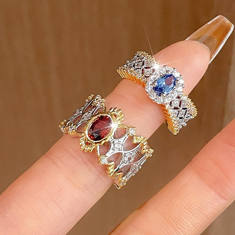 Italian Woven Gold Lace Lace Two-Color Gold With Diamonds Red Treasure Color Treasure Ring Brati Open Ring Women