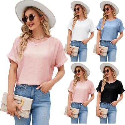 Round Neck Cotton Linen Shirt Women's Short Sleeved Blouse Loose Solid Color Breathable Top