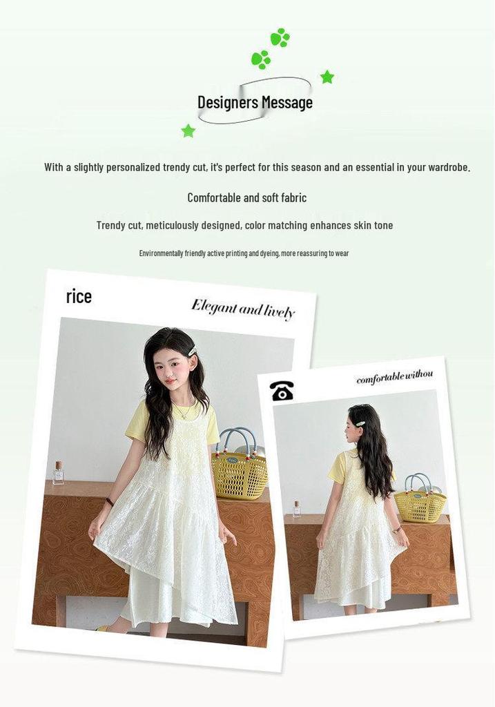 Koreanischer Stil Spitzen Sommer Zweiteiler Kleid mit unregelmäßigem Patchwork - Schichtendesign Midi