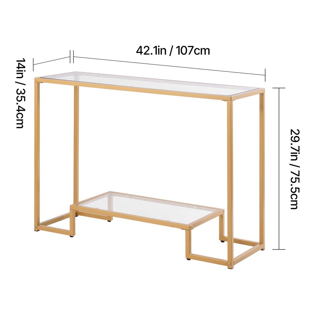 SucceBuy Glass Console Table Modern Rectangle Sofa Side Table with Tempered Glass Top and Iron Legs Consloe Desk for Living Room