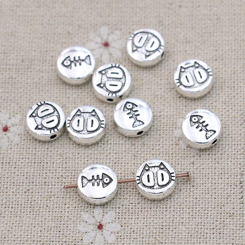 10Pcs Antique Silver Plated Cat Fish Spacer Beads Round Loose Beads For Jewelry Making Bracelet Accessories 10Mm
