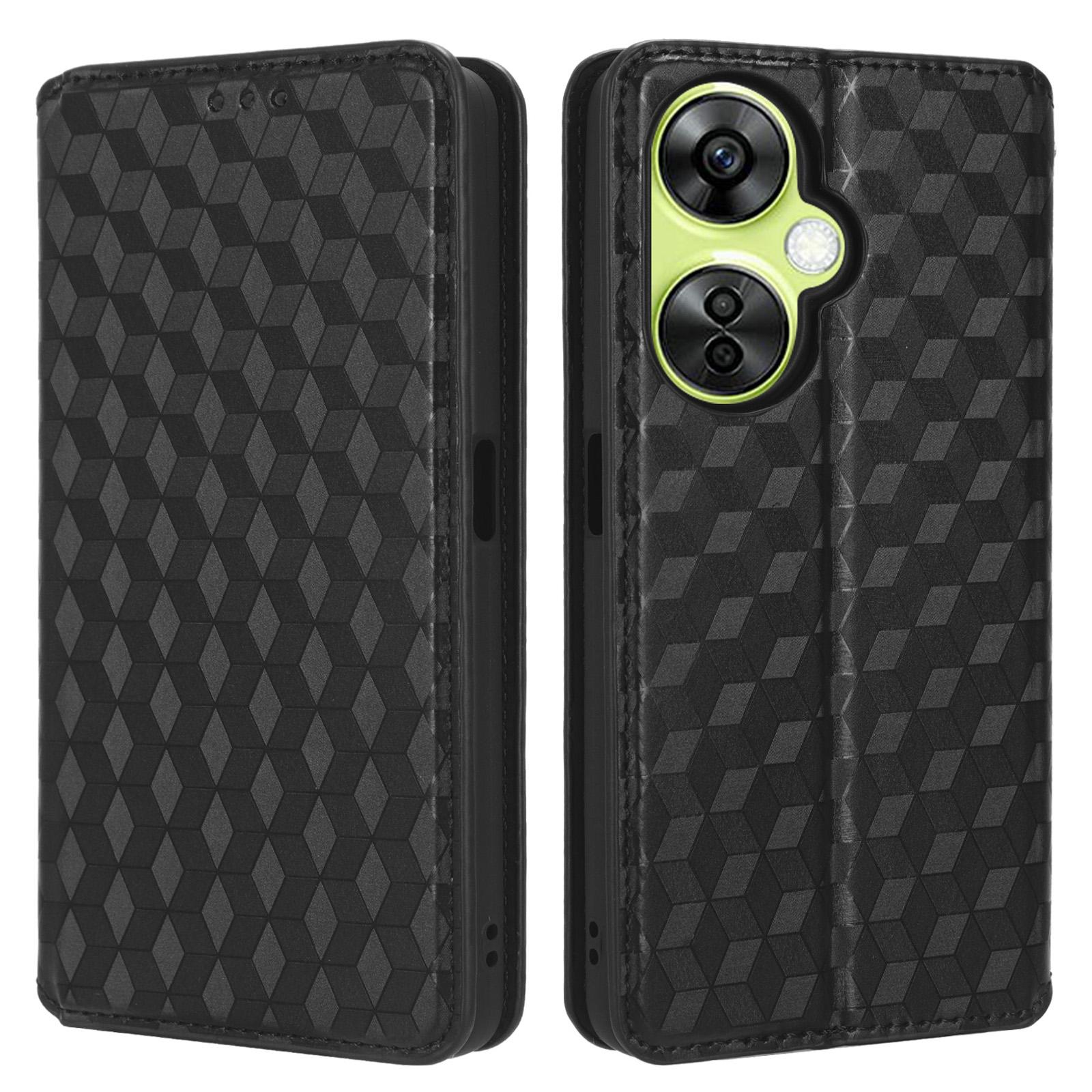 

For OnePlus Nord CE 3 Lite 5G/Nord N30 5G Leather Phone Cover Stand Imprinted Rhombus Pattern Phone Wallet Case Black