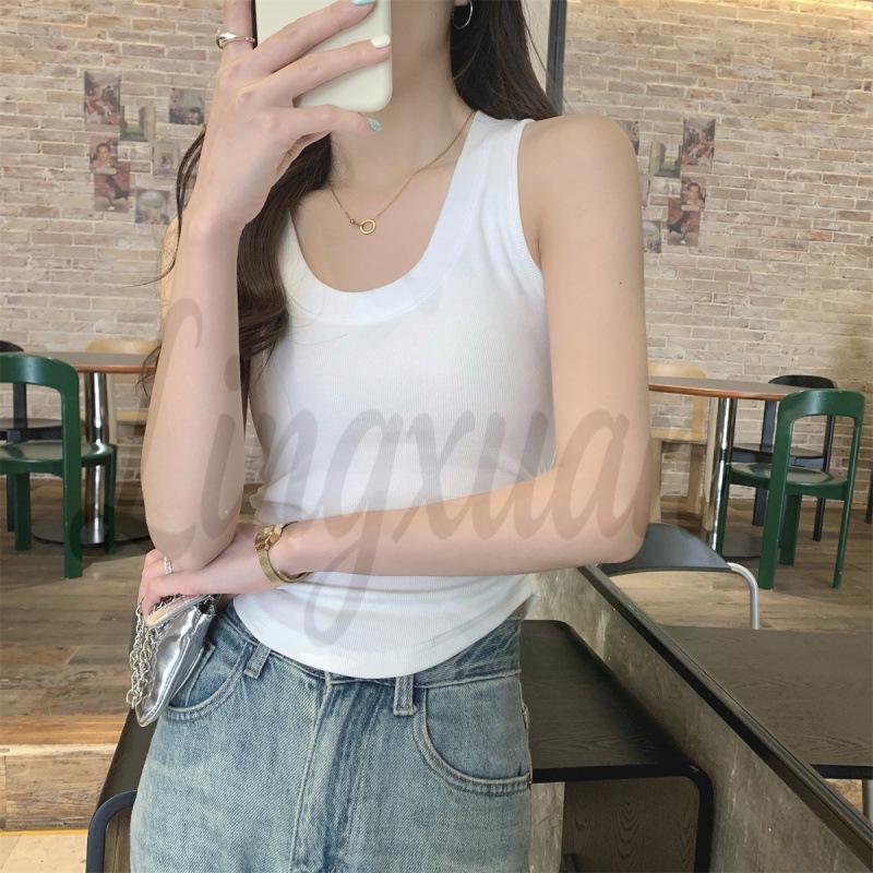 Korean Style Slim-Fit Cotton U-Neck Pleated Summer Tank Top for Women