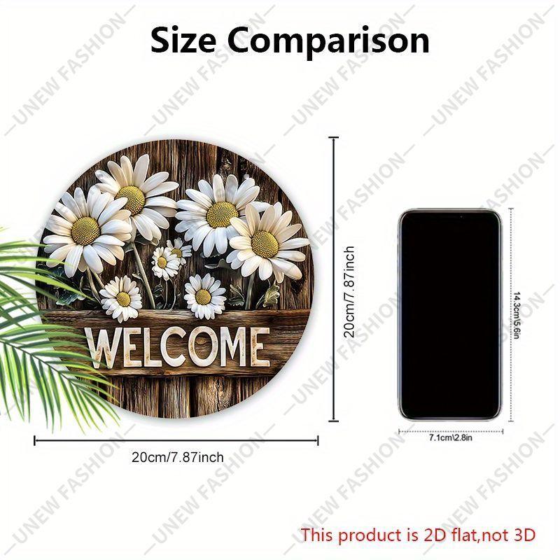 Daisy Welcome Round Wooden Hanging Sign, 2D Flat Printed Wall Door Ornament, Farmhouse Home Porch Decor Gift