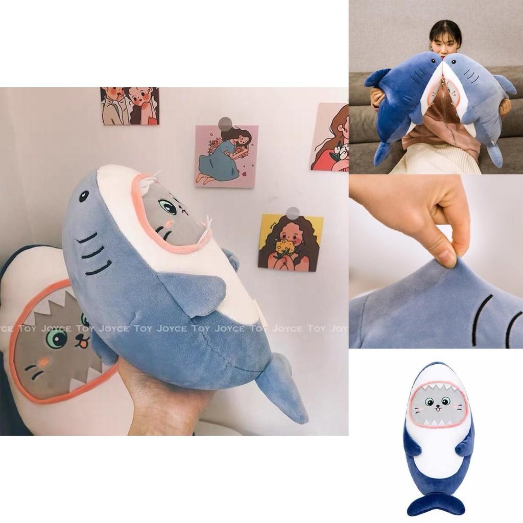 Cute Shark Plush Pillow With Cat Face Stuffed Animal Blue/grey 30/60cm Super Soft Short Plush