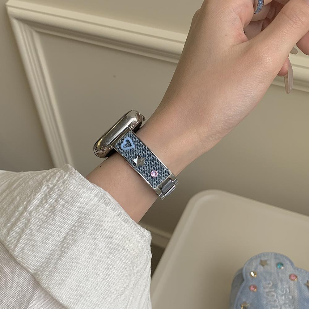 Denim Metal Strap for Apple Watch Series 10 9 8 7 SE 6 5 4 3 2 1 42mm 41mm 40mm 38mm Dopamine Rhinestone Watch Band