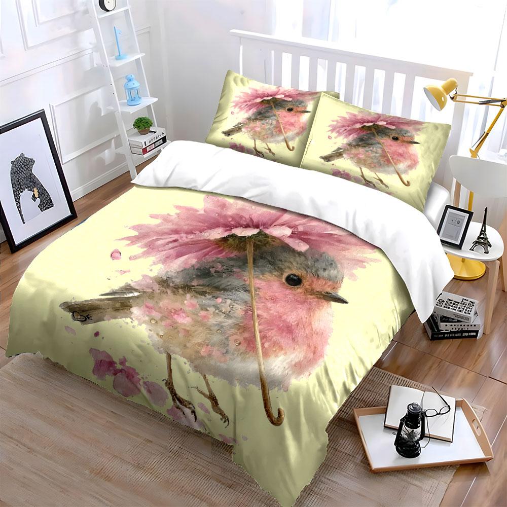 Floral Bird Art Set Decor Bedding Set with 1 Duvet Cover 2 Pillowcases Single Double King Queen, Gift