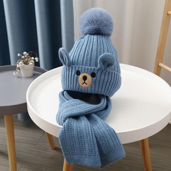 2Pcs/Set Children Hat Scarf Set Plush Ball Decor Bear Pattern Thickened Soft Touch Windproof Kids Knitting Hat Long Scarf Set