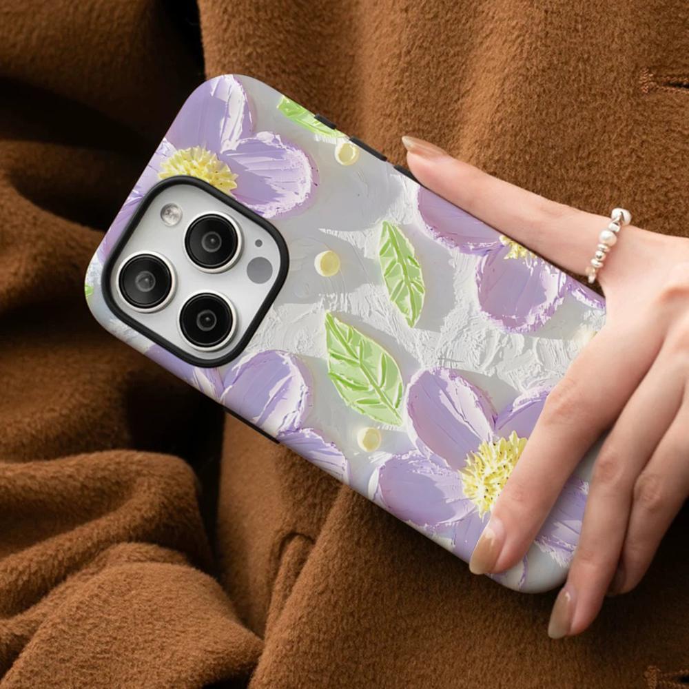 Retro Oil Painting Flowers Phone Case For IPhone 16 15 14 13 12 11 Pro Max Plus Samsung S24 S23 Ultra Glossy HD Hard PC Cover