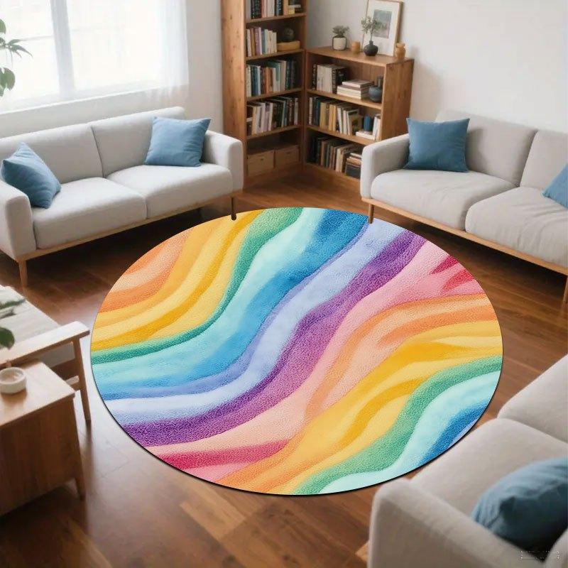 Rainbow-colored waves Flannel-printed round floor mats are slip-resistant Suitable living room bedroom terrace garden carpets
