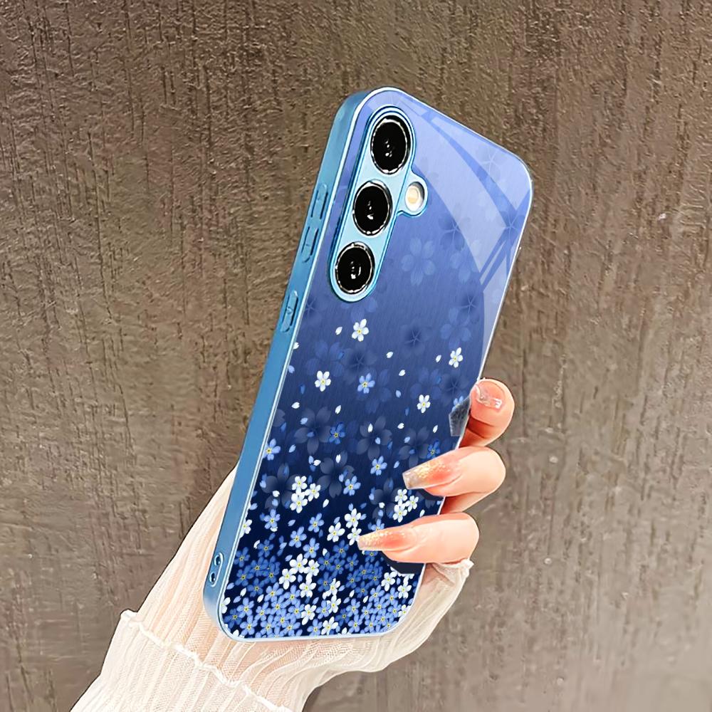 Blue white flowers PhoneCase for Samsung Galaxy S26 S25 S24 S23 S22 FE Ultra Plus Built-in glass feel bare machine Men women