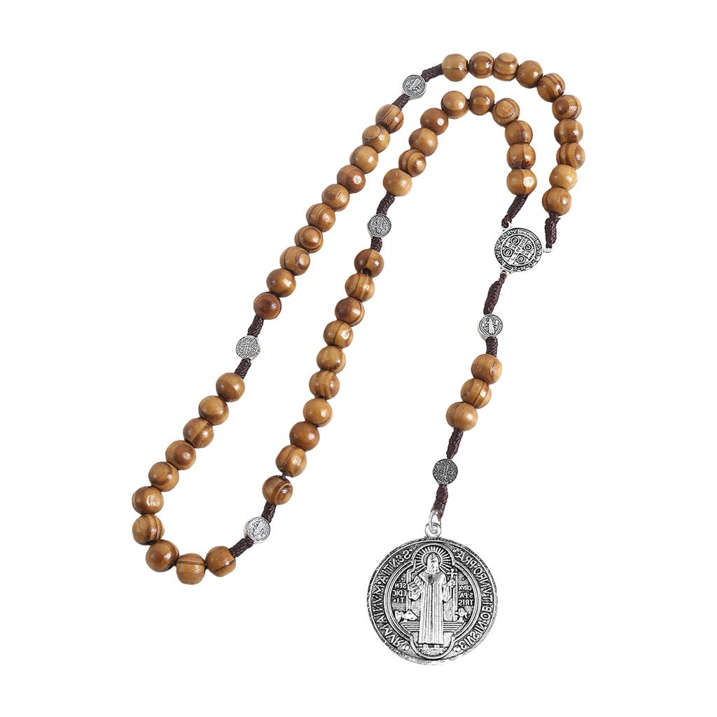 Braided Wood Beads Chain Rosary Necklace with Pardon Crucifix Crosses Medals Pendant Christians Religious Communion Gift
