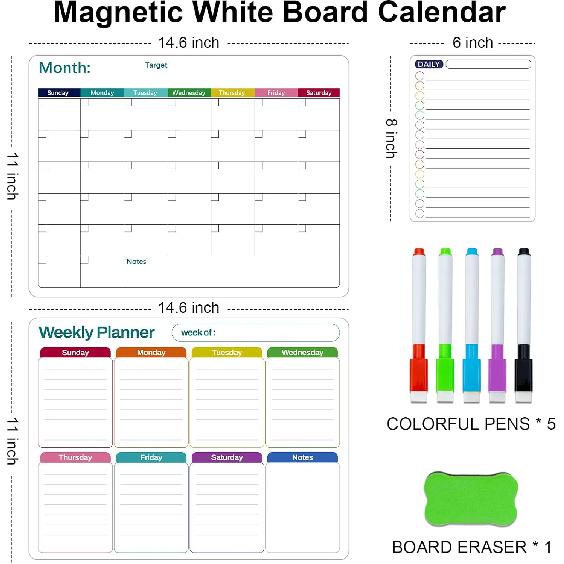 Magnetic Dry Erase Fridge Calendar Whiteboard Set,3 Pack 14.6" x 11" Reble Refrigerator Calendar for Fridge & Wall-Monthly, Weekly,Daily Planners