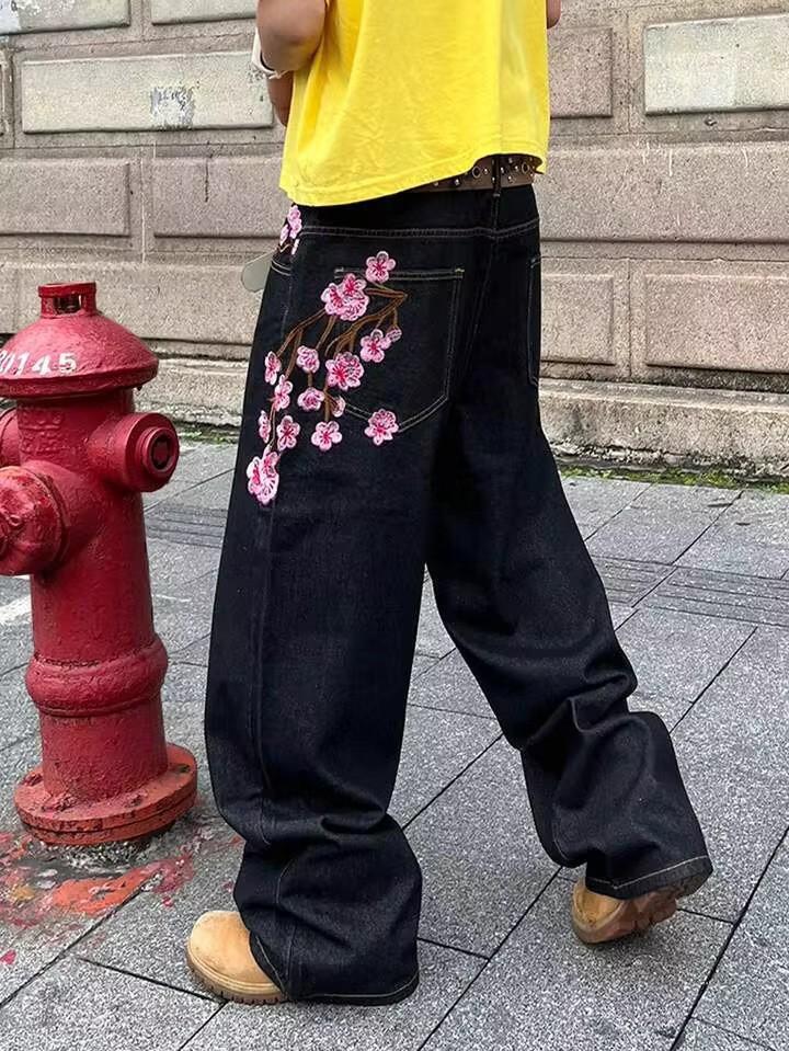 Street American retro heavy industry plum blossom embroidery loose jeans y high street design jeans