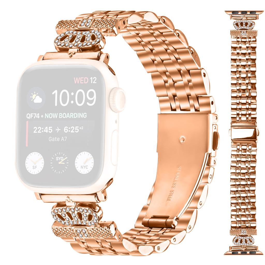 Watch Band For Apple Watch Series 10 9 8 7 SE 6 5 4 3 2 1 42mm 41mm 40mm 38mm 7-Bead Rhinestone Crown Stainless Steel Strap