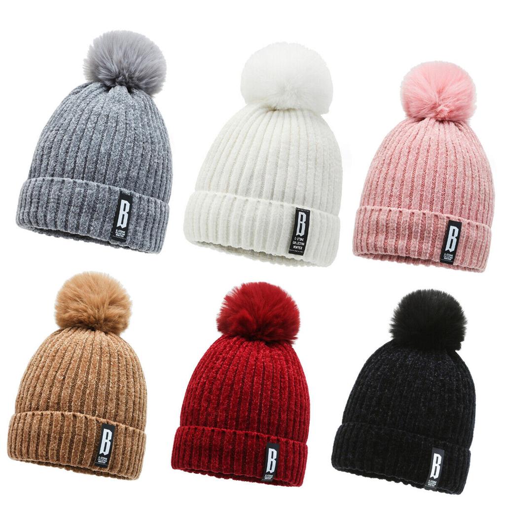 Knitted Bobble Hat Ladies Kids Beanie Warm Winter Pom-Pom Woolly Matching Cap