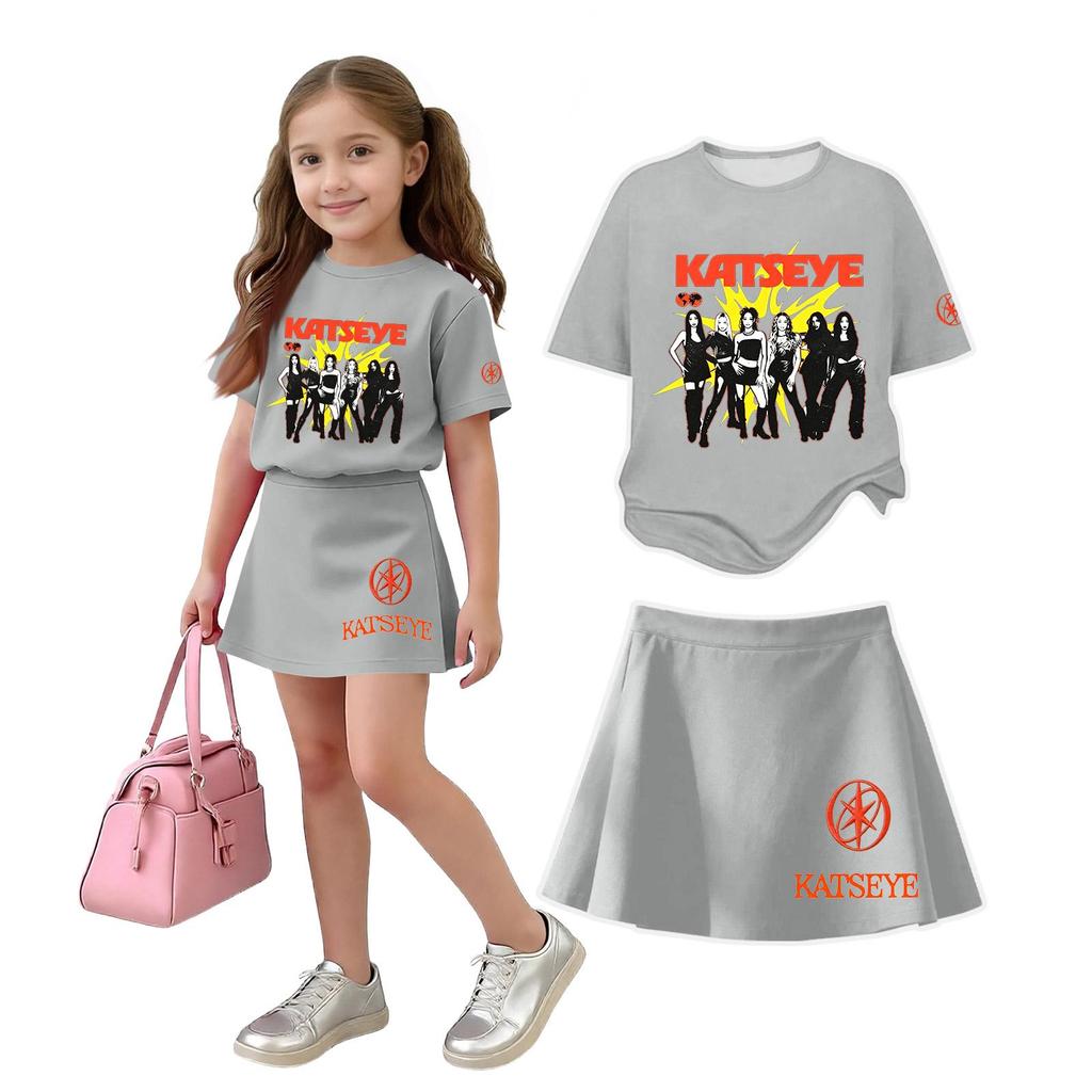 Girls Casual Loose Fit Short Sleeve Crew Neck T-Shirt and Skirt Set Lightweight Comfortable Soft Fabric Suitable for Everyday Wear