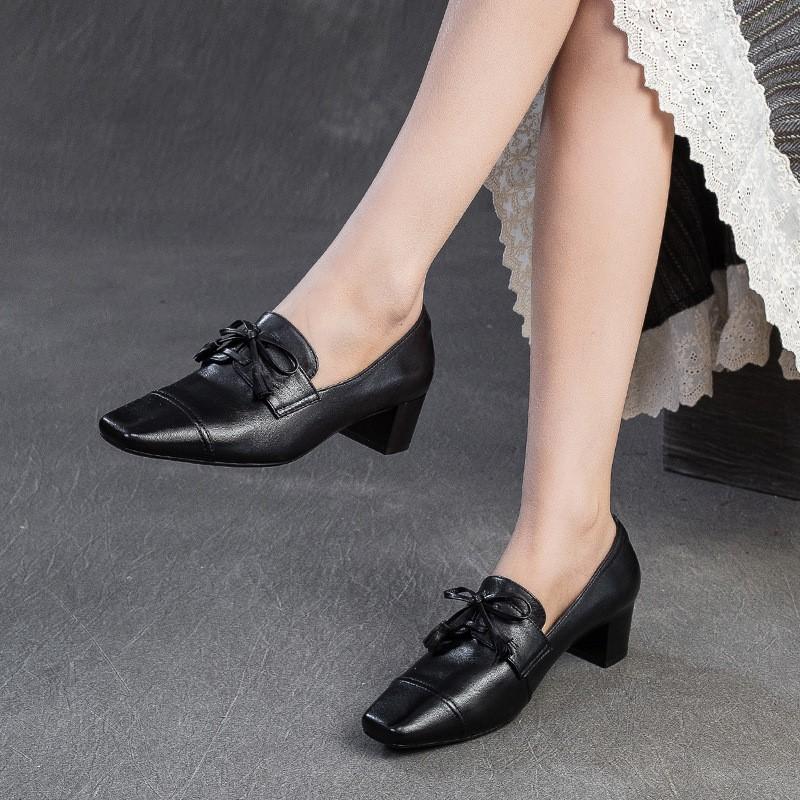 Johnature Retro Genuine Leather Pumps Square Toe Thick Heel Versatile Commuting Women's Shoes