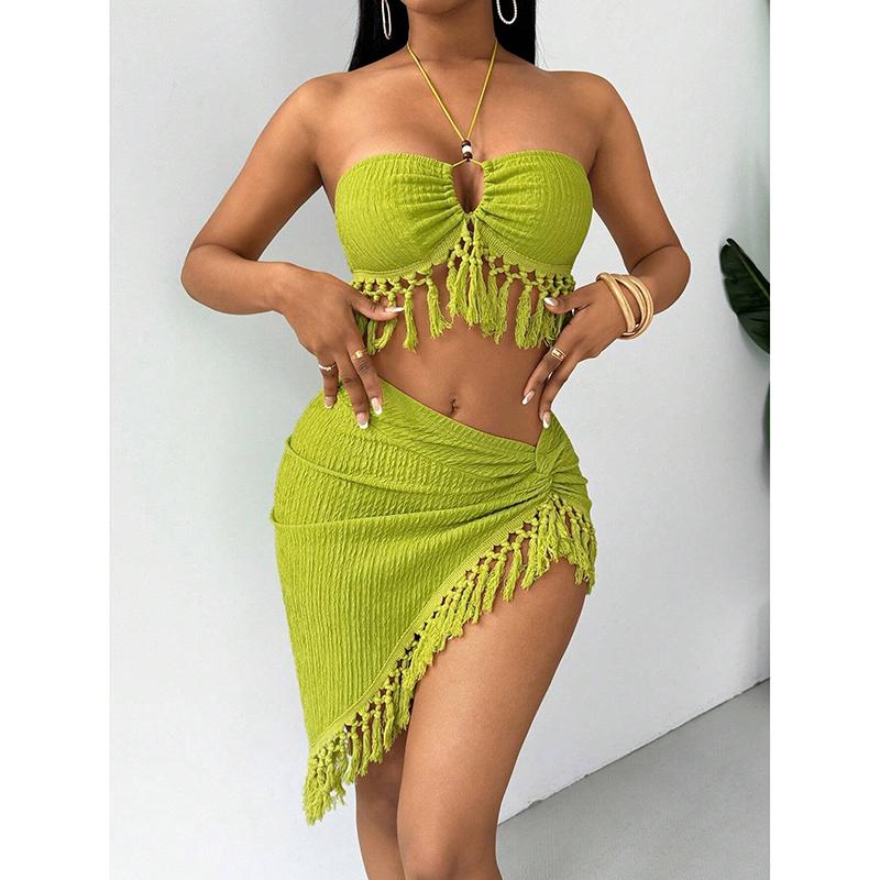 Sexy Tassels Bikini Women's Swimsuit 2 Piece Swimwear Female Outfits Halter Top High Slit Skirt Set Beachwear Bathing Suits