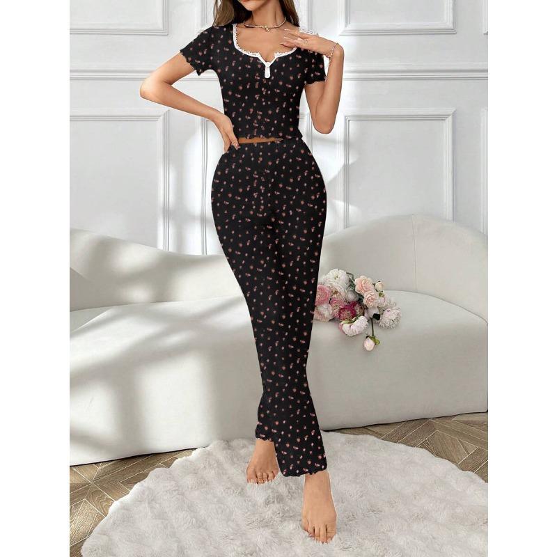 VEZFAA Women's Fashion Casual Summer Spring Flower Pattern Print Short Sleeve V-Neck Trousers Pants Suits