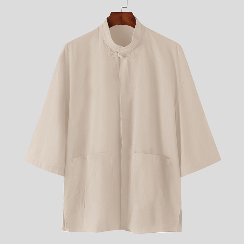 INCERUN Vintage Men Oversized Half Sleeve Shirts Summer Casual Solid Tops