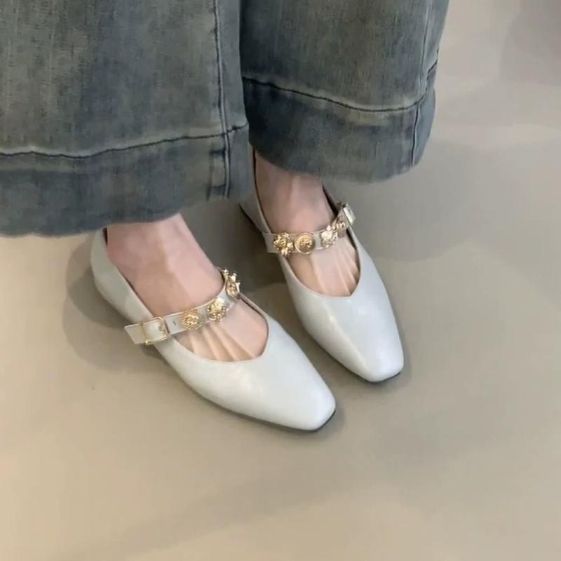 Vintage Square Toe Shallow Mouth Mary Jane Shoes Women One-line Buckle Belt Solid Genuine Women Single Shoes All Match