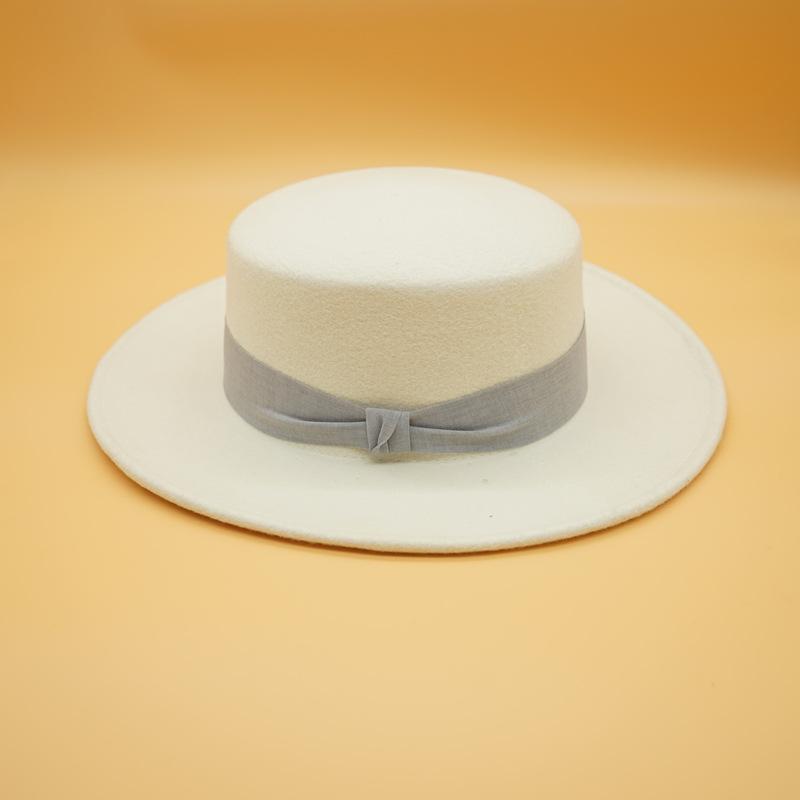 French Retro Simple White Woolen Flat Top Panama Top Hat Female Autumn And Winter British Celebrity Felt Elegant Hat