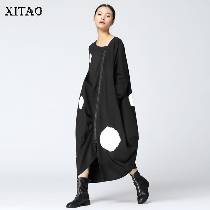 

XITAO Нерегулярная точка Платье Женщины Мода Молния Пэчворк KY708