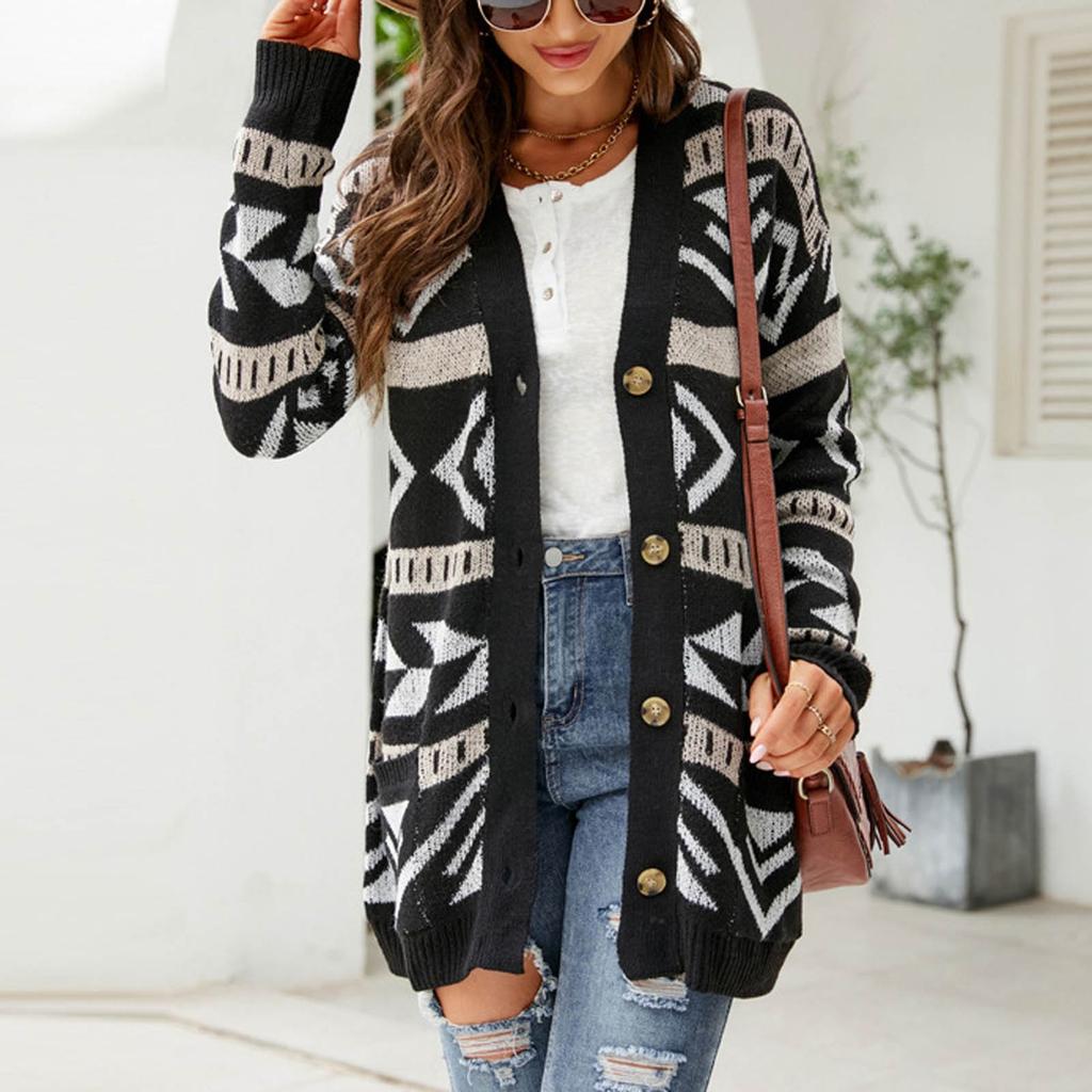 Women's Fashion  And Winter Temperament Lozenge Loose Sweater In Long Knit Cardigan Coat