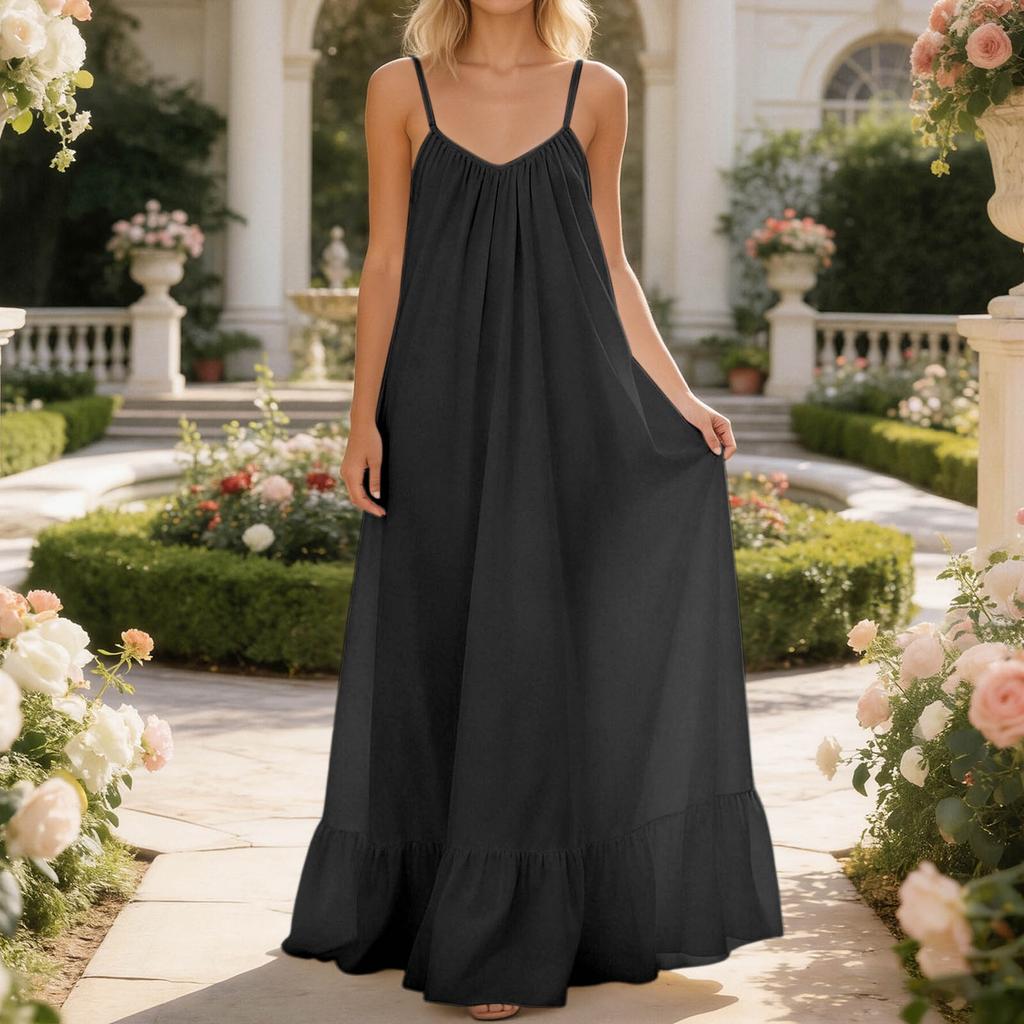 Women's  Breathable Backless Ruffled Hem Long Dress