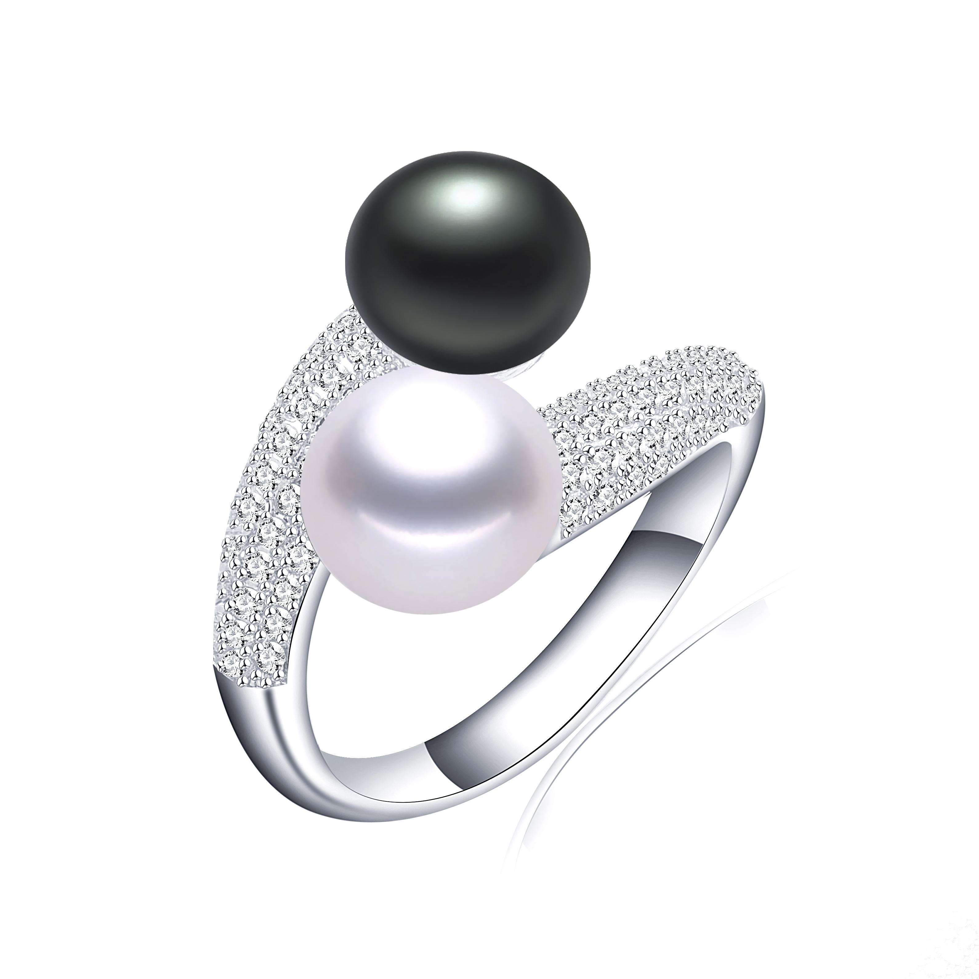 Neuer doppelter Perlenring, verstellbar, natürliche Süßwasserperle, Original-Kupfer Zirkon, Damenring, feiner Brautschmuck white