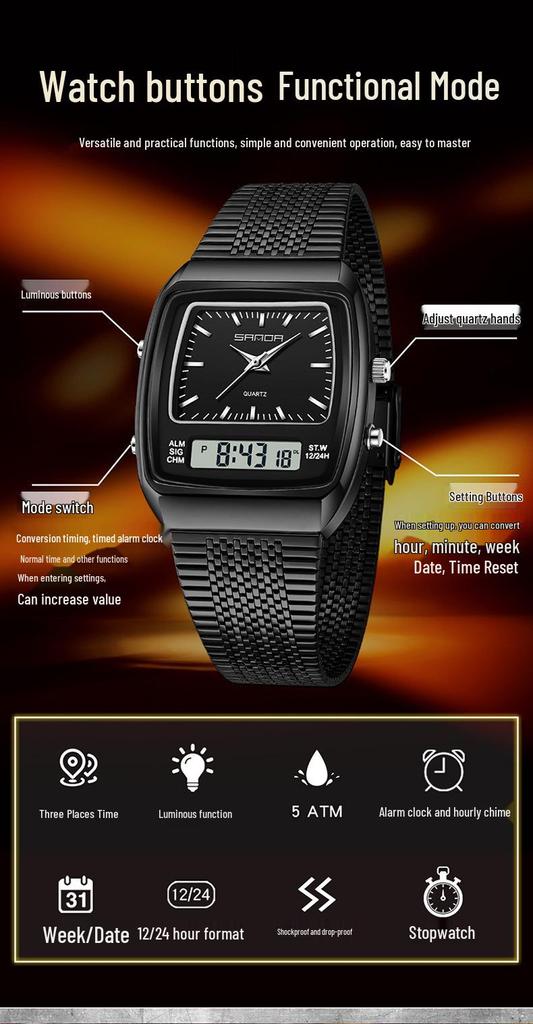 SANDA Men's Steel Band Dual Display Watch with Multi-Time Zone, Night Glow, and Waterproof Features