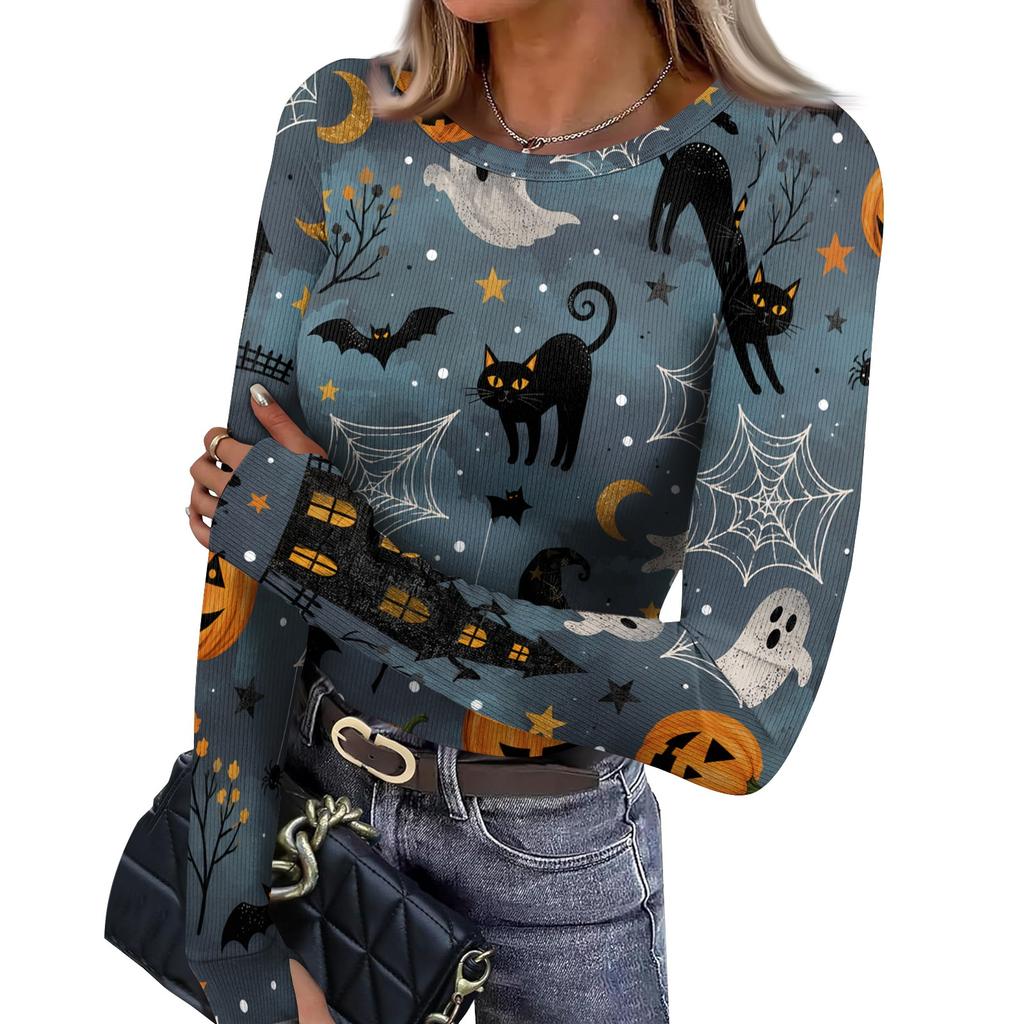 Women's Slim Fit Long Sleeve Halloween Printed T-Shirt with Thumb Holes Neck Pullover Base Layer