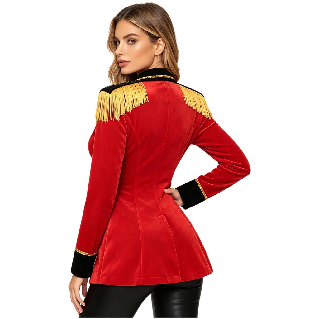 Women Circus Master Outerwear Velvety Lapel V Neck Double-breasted Coat with Gold Lace Tassel Epaulet for Halloween Rave Party